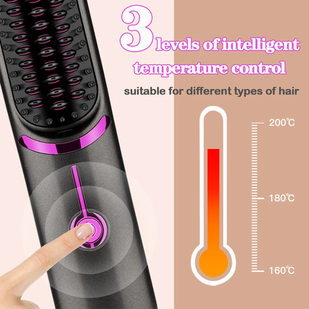 Wireless Ceramic Hair Straightener Brush - Portable Fast Heating Comb