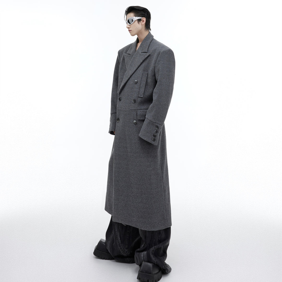 Three Dimensional Deconstruction Shoulder Pad Woolen Long Coat