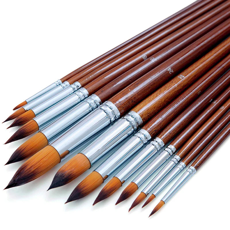 13-Piece Professional Watercolor Paint Brush Set with Long Wooden Handles and Anti-Shedding Nylon Bristles