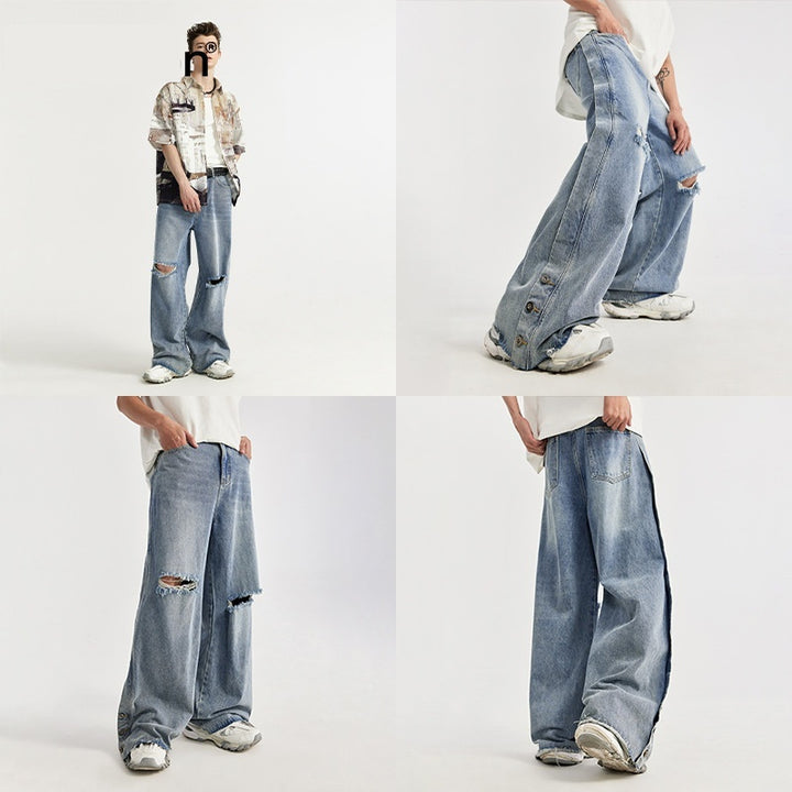 Retro Style Personality Men's Wear Ripped Washed Wide-leg Jeans