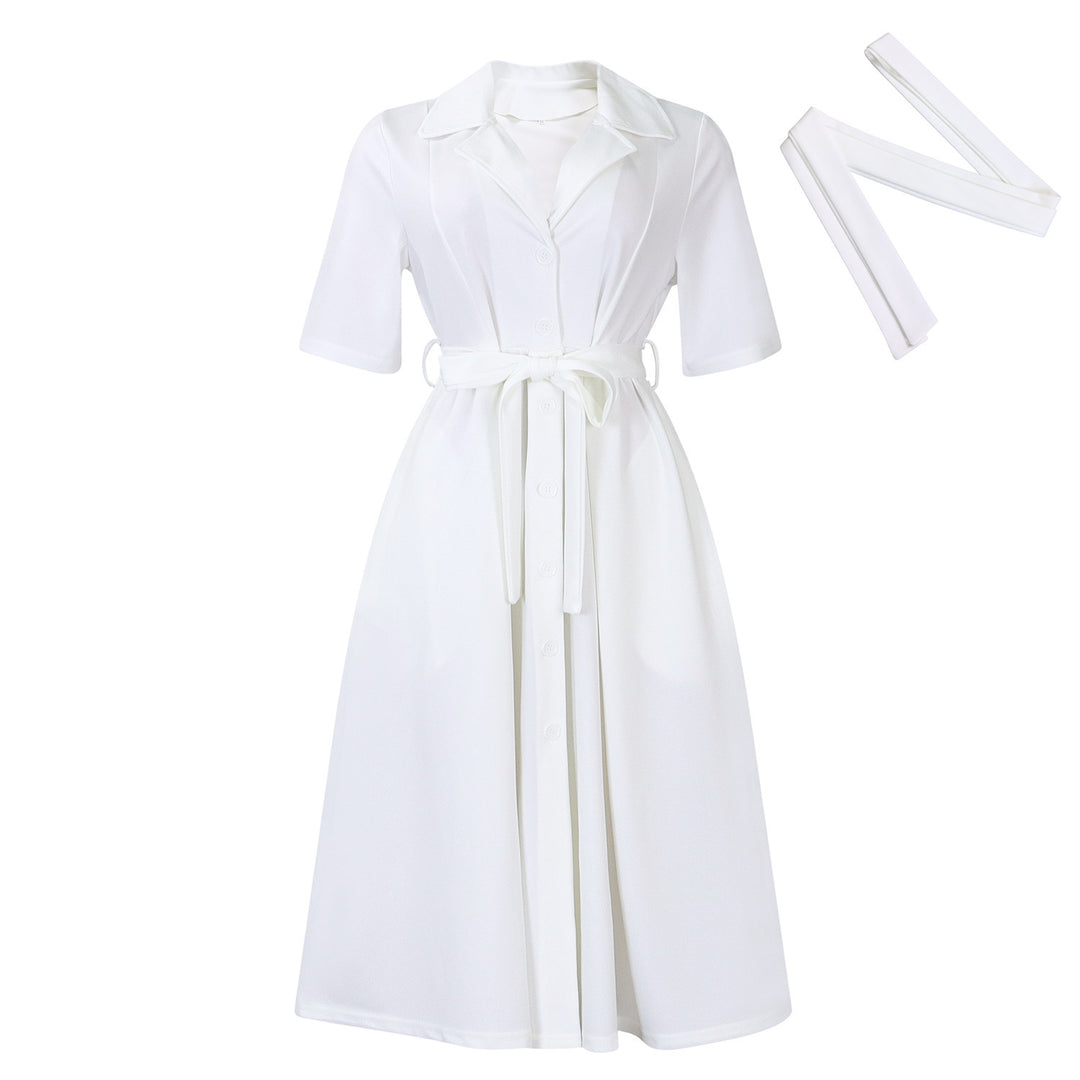 Short Sleeve Suit Collar Strap Solid Color Dress