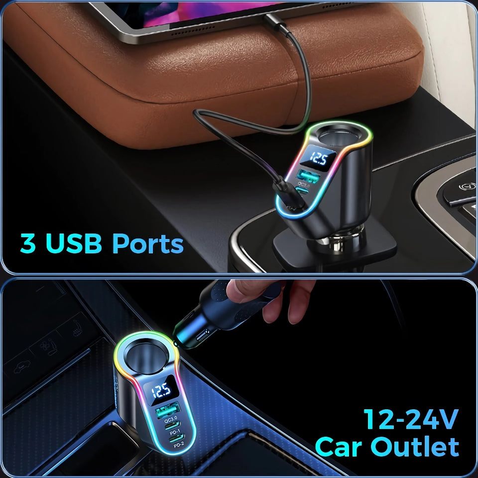 150W 4-Socket Car Charger with USB PD3.0 & QC3.0 - Super Fast Charging for iPhone & Samsung