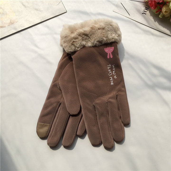 Autumn And Winter Women's Riding Gloves Korean Style Alphabet Cartoon Warm Double Layer Fleece-lined