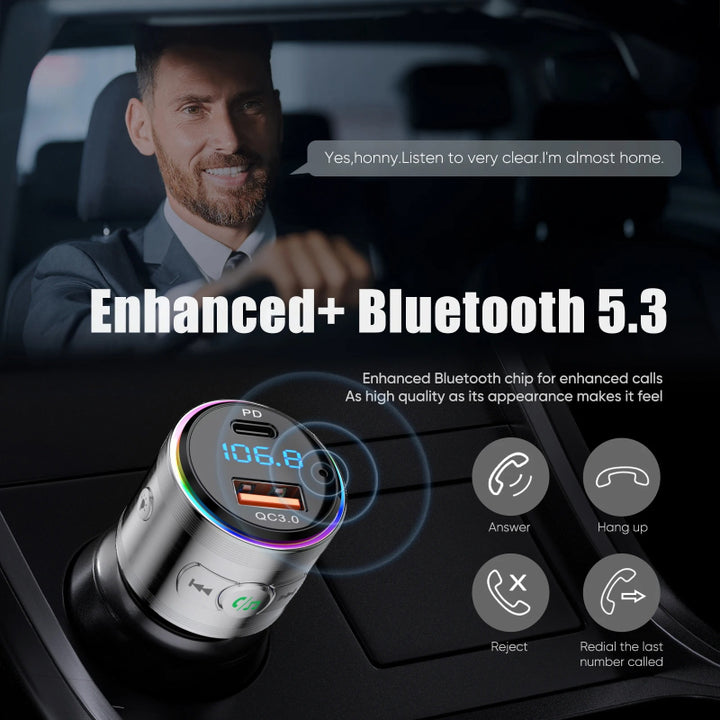 Bluetooth 5.3 FM Transmitter with PD 20W & QC3.0 Fast Charger and Hi-Fi Music Adapter