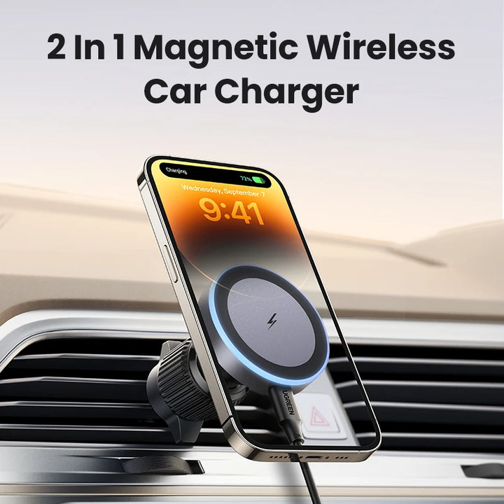 Magnetic 15W Qi2 Wireless Car Charger with LED Light & Air Vent Clip