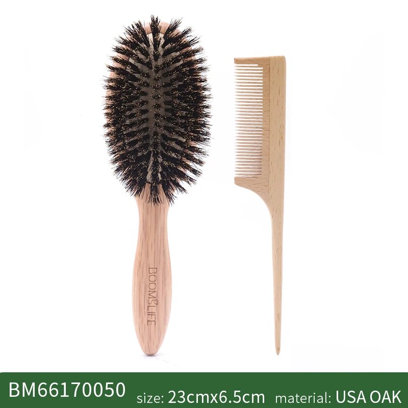 Oak Wood Boar Bristle Hair Brush for Detangling and Scalp Massage