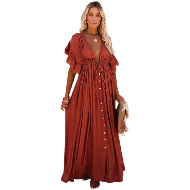 Solid Color Beach Cover-up Slubbed Fabric Button Waist Strap Long Dress Sun Protection Shirt