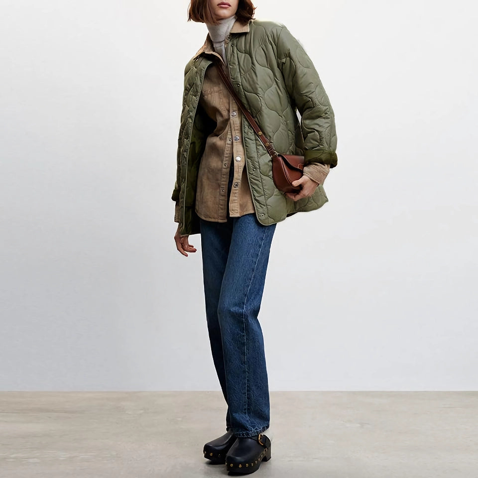 Chic Lightweight Quilted Button-Up Jacket - Retro Army Green Overcoat