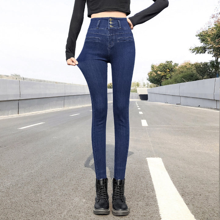 Women's Three-button Plus Velvet High-waisted Abdomen Jeans