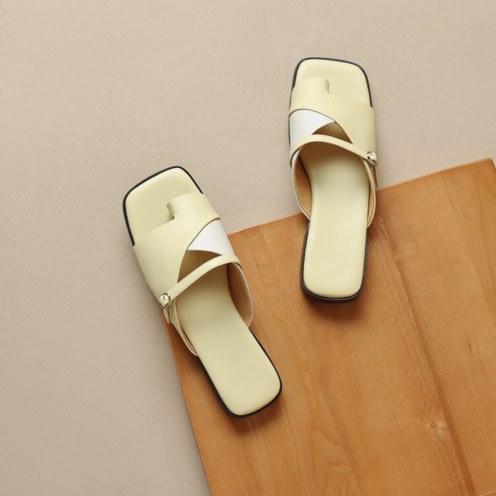 Summer Leather Slippers for Women - Low Heel Square Toe Mixed Color Shoes