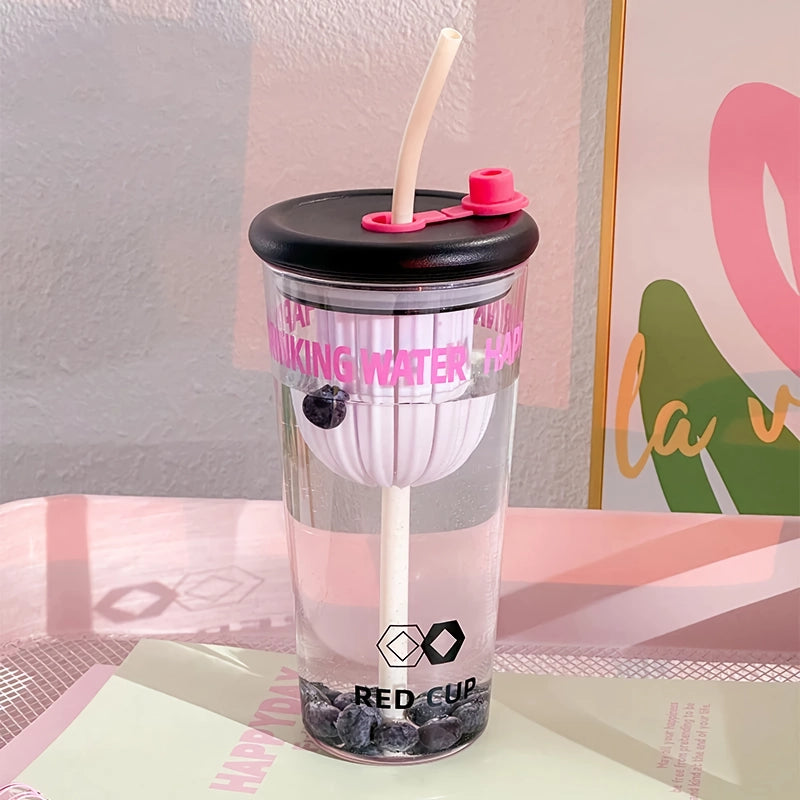 Cute Korean Glass Cup with Lid and Straw