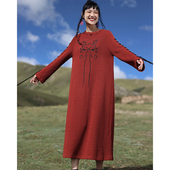 Dragon Embroidery Autumn Winter Loose Fitting Knitted Dress