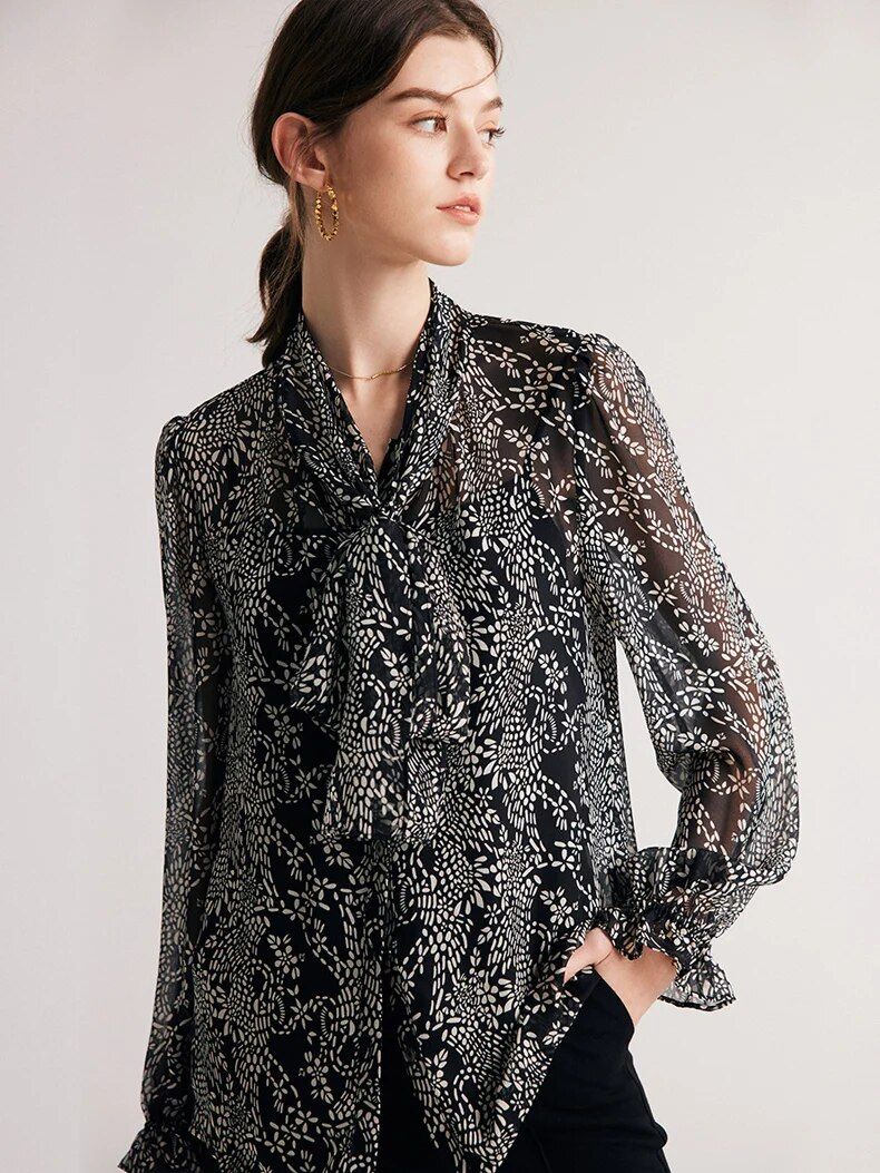 Elegant Black Printed Silk Blouse with Bow Collar