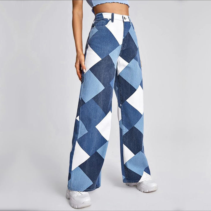 Casual High-waisted Large Straight Leg Printed Denim Pants