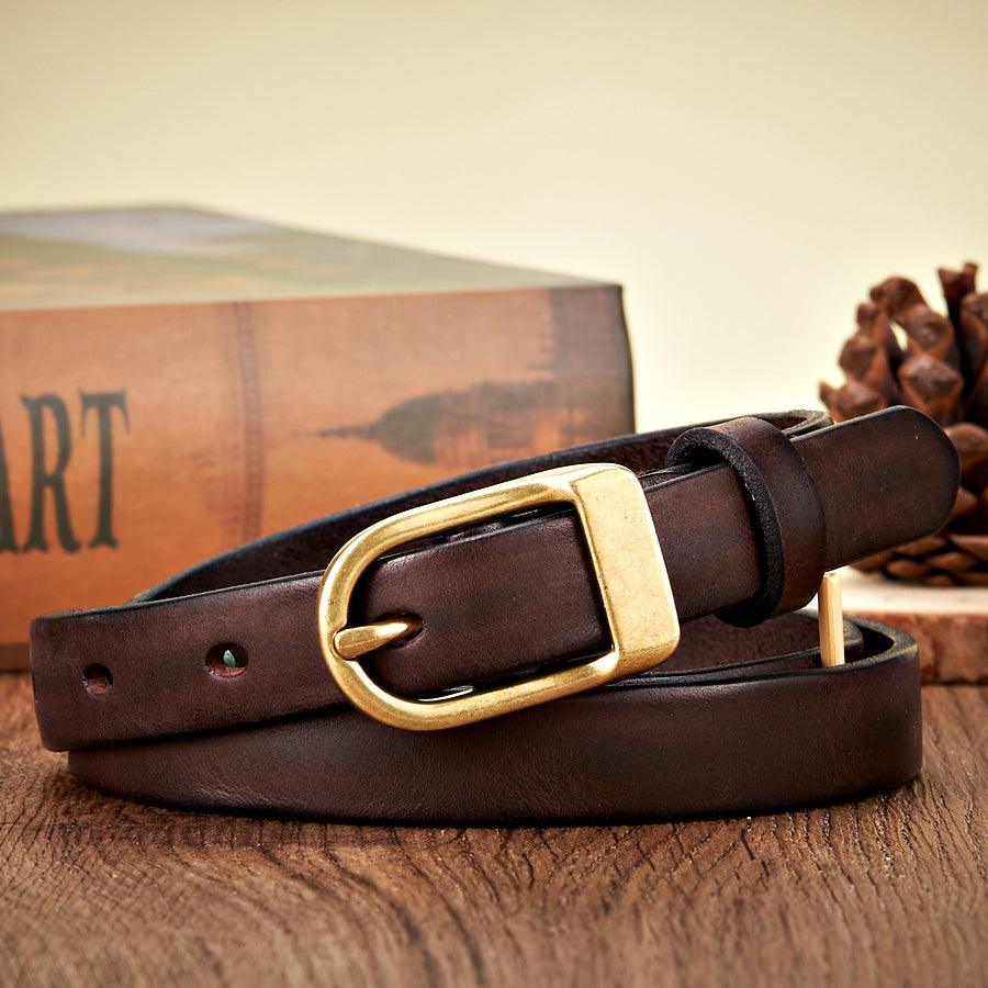 1.8CM Genuine Leather Thin Belt for Women with Copper Buckle