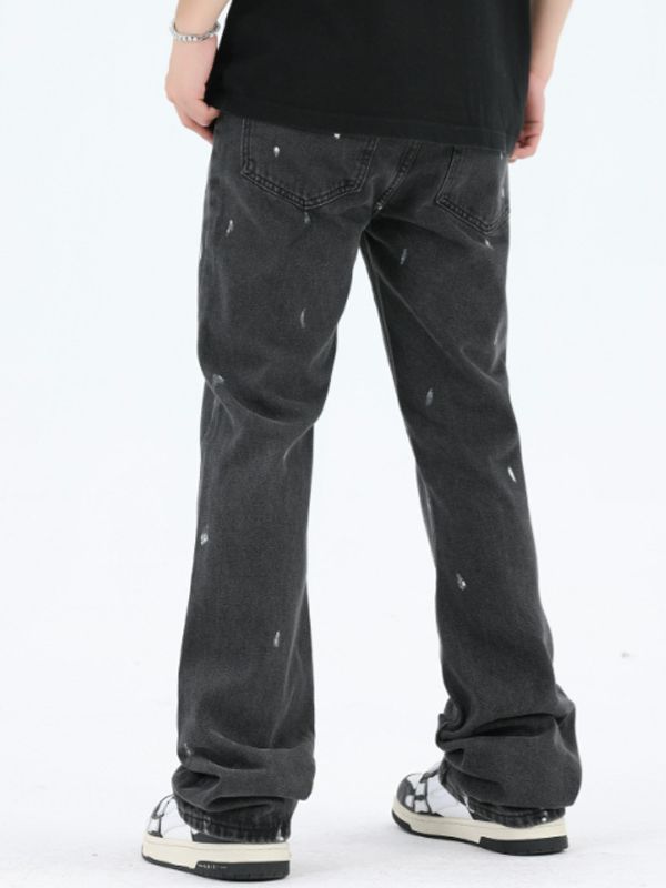 American Retro High Street Loose Straight Mop Leather Splash-ink Jeans