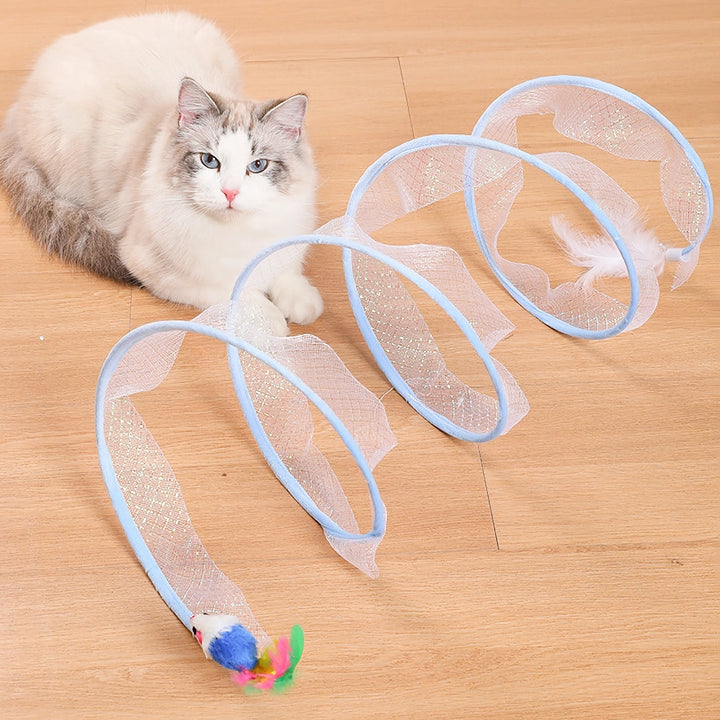 Interactive Foldable Cat Tunnel with Feather Toys and Mouse