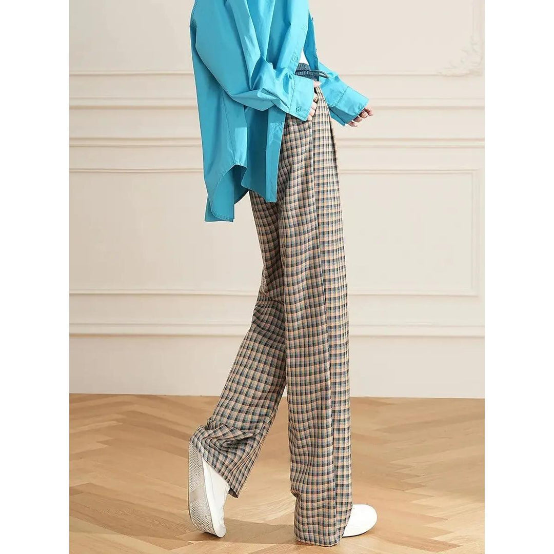 Women's High Waist Checked Wide Leg Pants