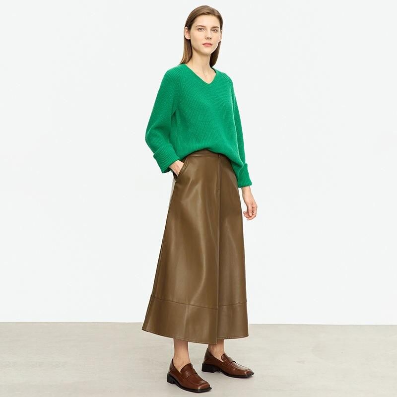 Elegant Autumn Ankle-Length A-Line Leather Midi Skirt for Women