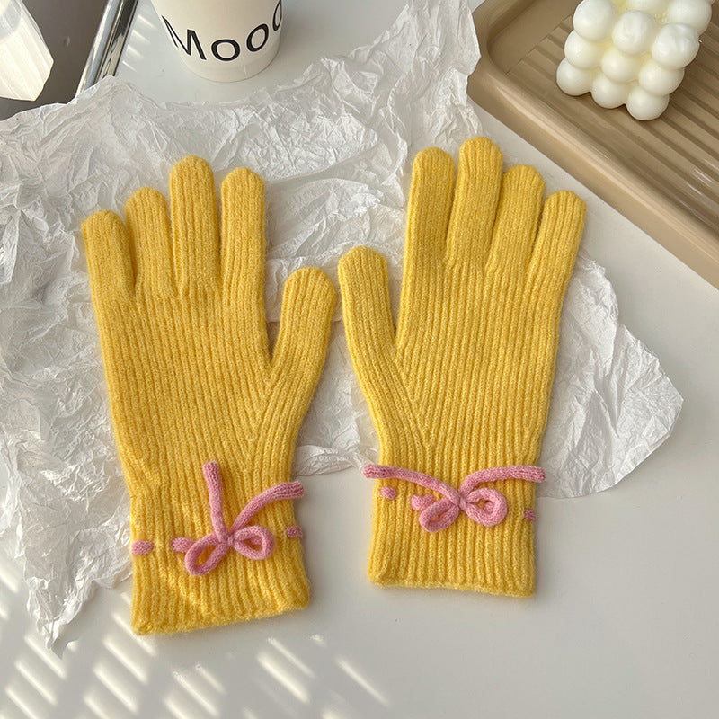 Autumn And Winter New Bow Pure Color Warm Keeping Finger Gloves