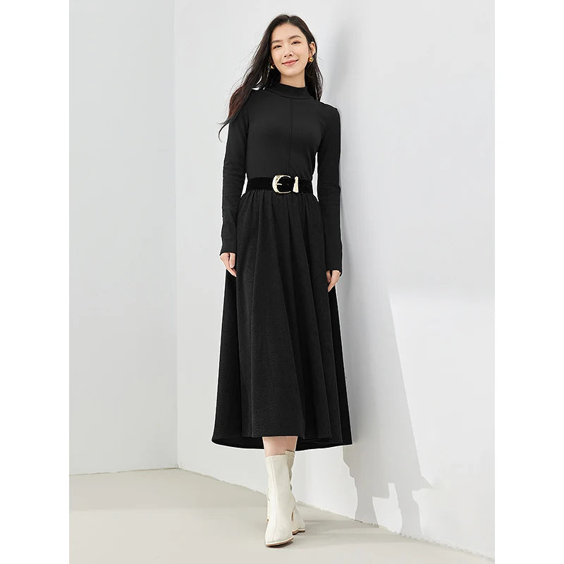 Women's Winter Long Sleeve Half High Collar Black Corduroy Dress