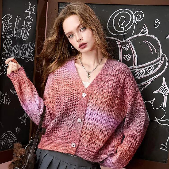 Autumn Gradient Color V-Neck Sweater - Sweet and Versatile Cardigan