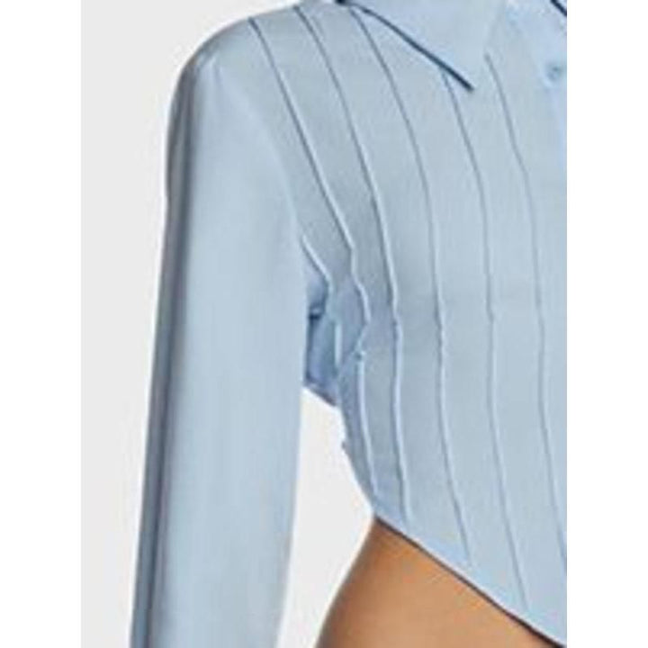 Chic Blue Lace-Up Back Blouse with V-Shaped Hem