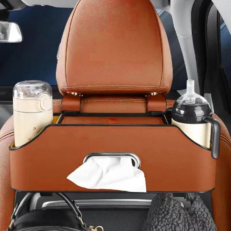 Universal PU Leather Car Seat Back Organizer with Cup Holder & Hooks