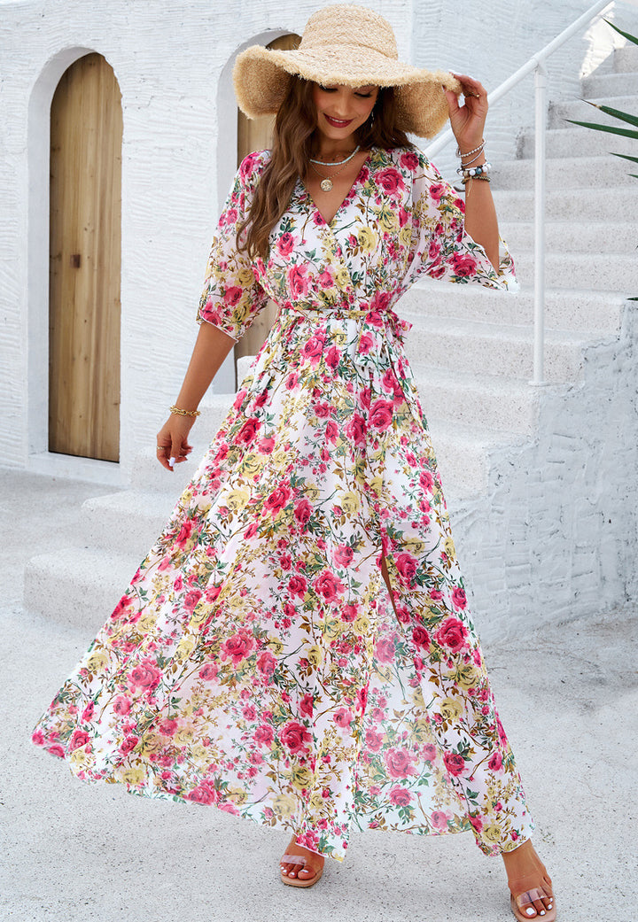 Elegant V-Neck Printed Dress with Cinched Waist