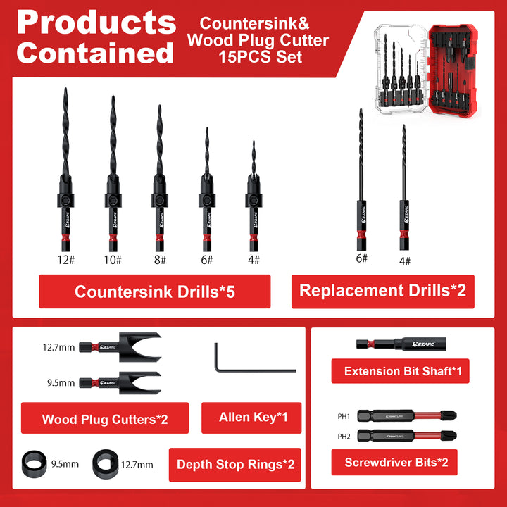 15-Pack Countersink Drill Bit Set