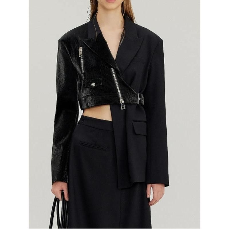 Chic Irregular Women's Blazer with PU Leather Splicing