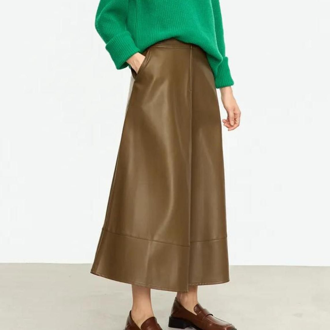 Elegant Autumn Ankle-Length A-Line Leather Midi Skirt for Women