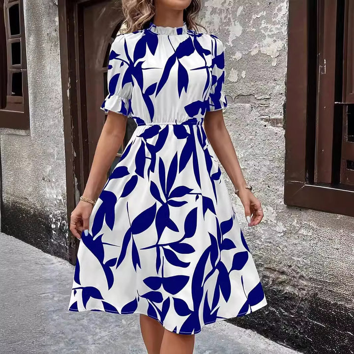 Short Sleeve Round Neck Ruffled Printed Girdle Dress