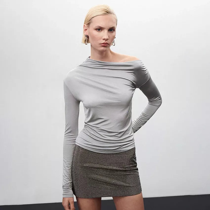 Grey Asymmetrical Collar Ruched Tee