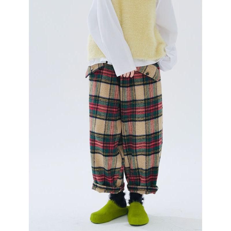 Plaid Wool-Blend Wide Leg Trousers for Women