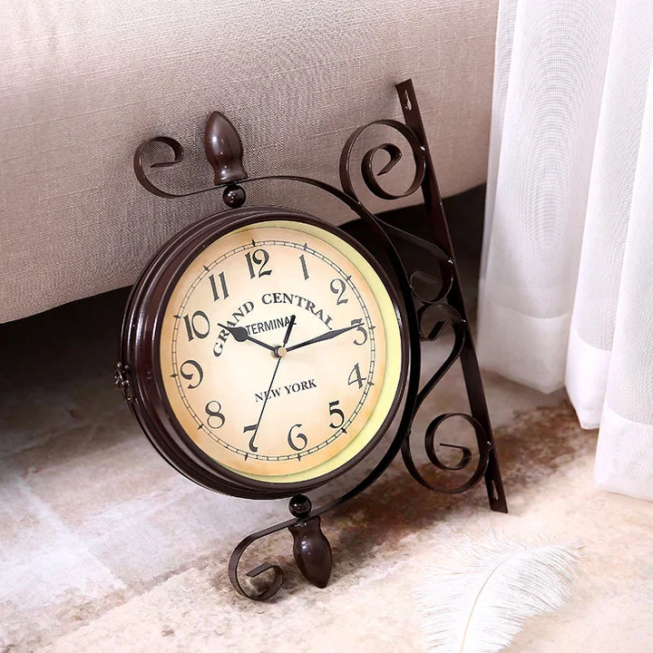 Vintage Brown Double-Sided Hanging Wall Clock