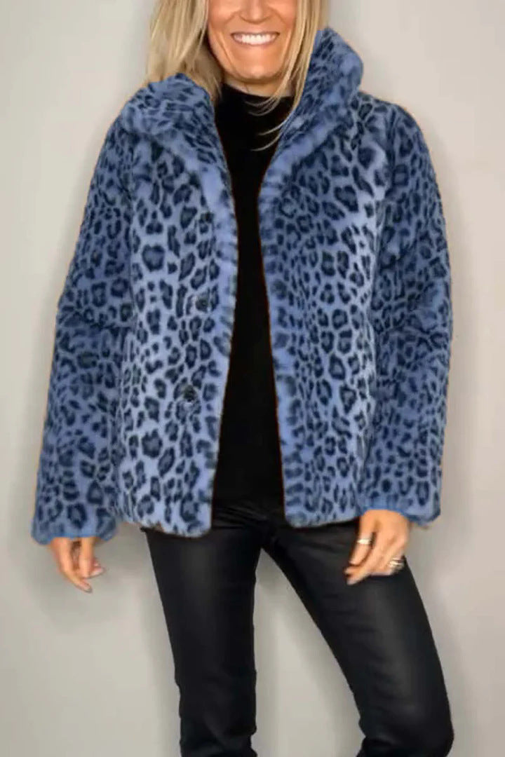 Winter New Women's Fashionable Leopard Print Lapel Faux Leather Woolen Top