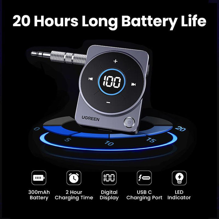 Bluetooth 5.4 Aux Adapter with Wireless 3.5mm Audio, 20-Hour Battery, Screen Display