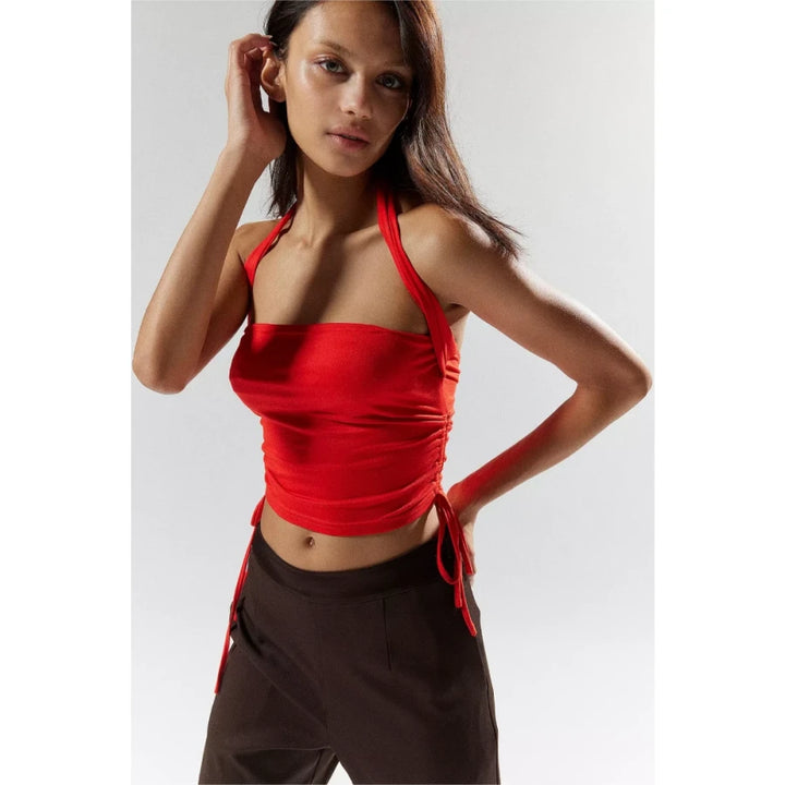 Sleeveless Red Halter Crop Top