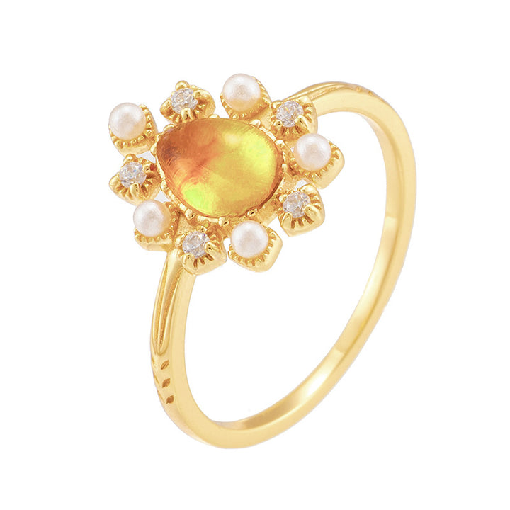 Vintage Ring Female S925 Silver Gilded Flower Amber