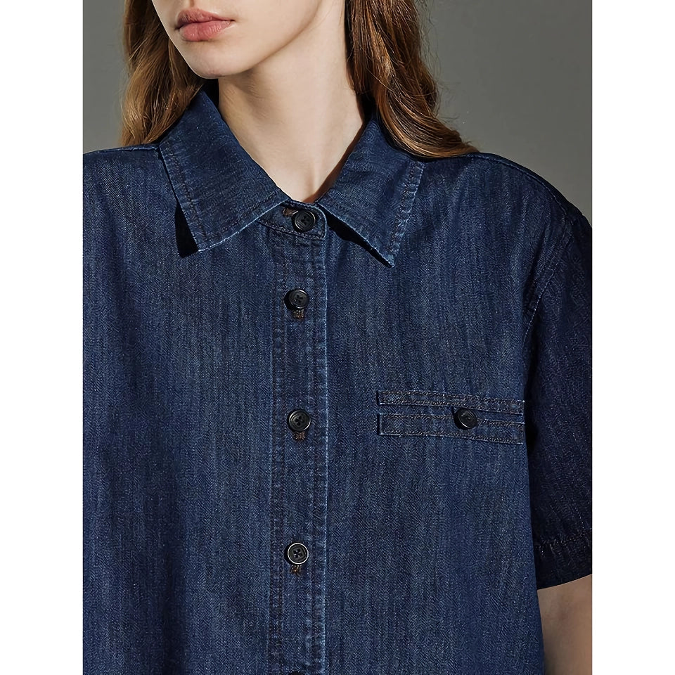 Denim Blouse Shirt - Turn Down Collar Short Sleeve Streetwear Top