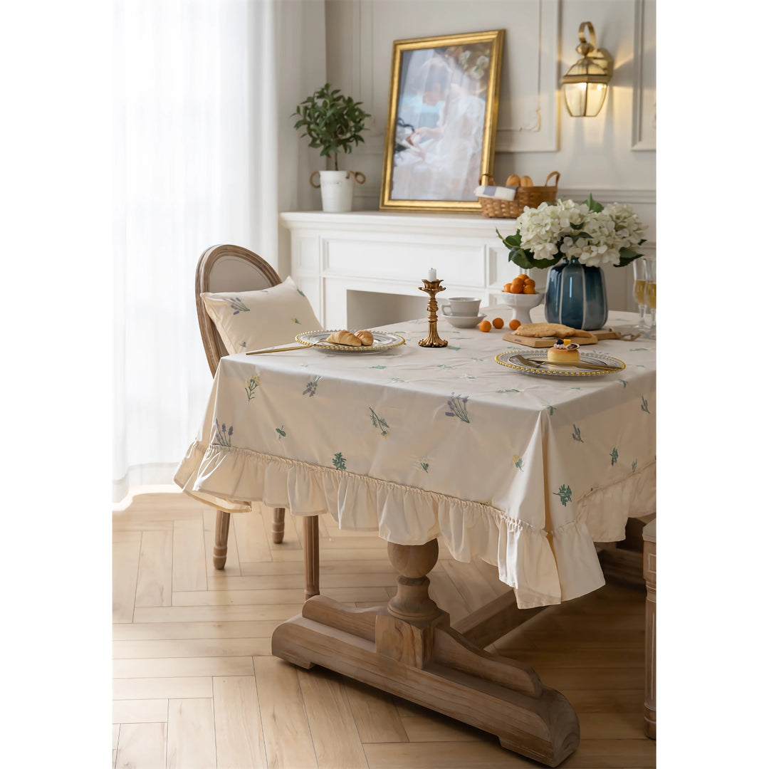 Elegant Cotton Apricot Embroidered Tablecloth with Lotus Leaf Edge