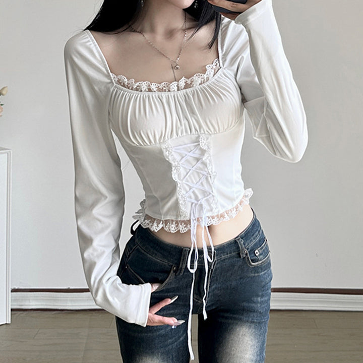 French Style Square Collar Lace Lace Band Long Sleeve Top