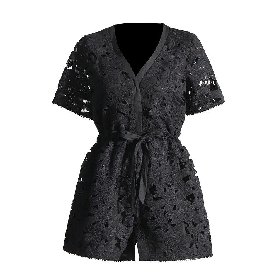 Elegant Embroidered Hollow-Out Playsuit