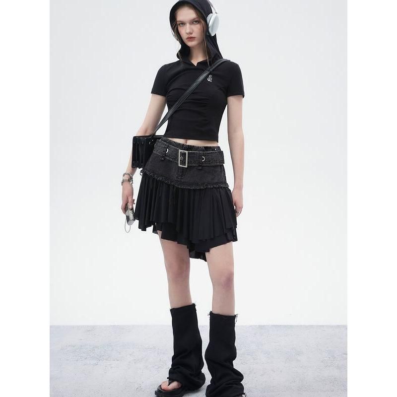 Street Black Denim Mini Skirt with Ruffled Hem