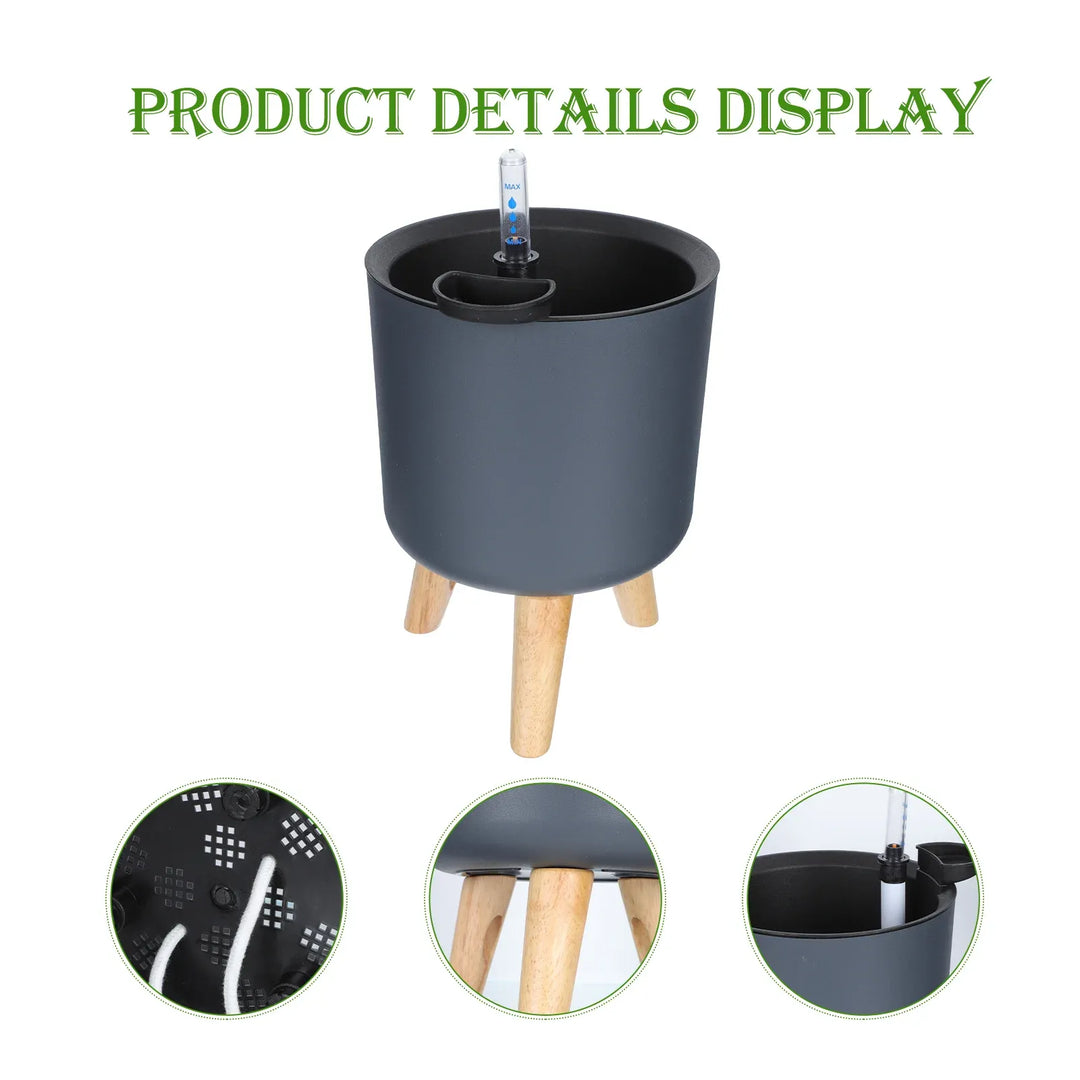 Modern Self-Watering Planter with Wooden Stand