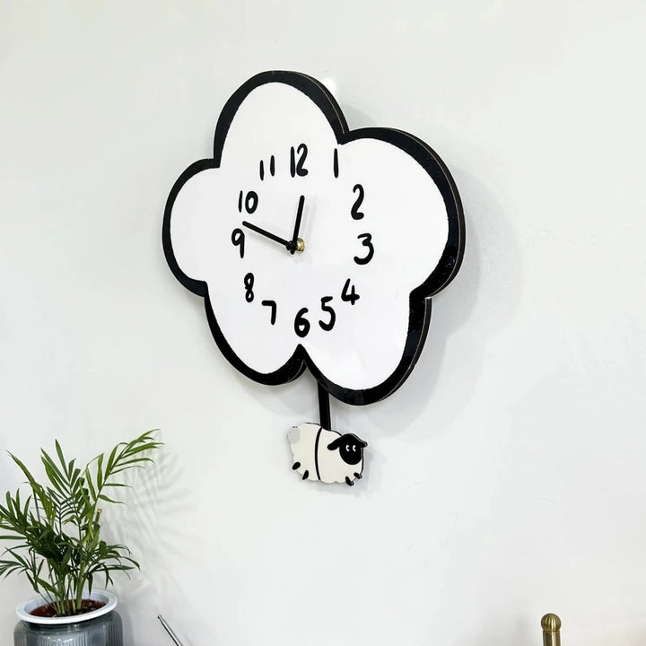 38cm Silent Cartoon Cloud Sheep Swinging Wall Clock