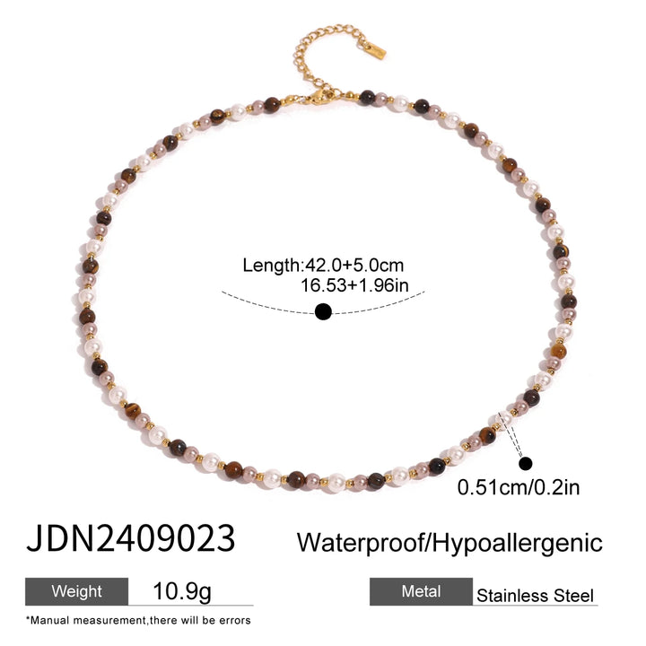 18K Gold Plated Tiger Eye & Imitation Shell Bead Necklace