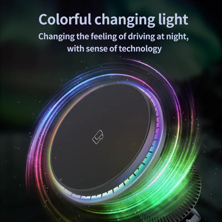 15W Strong Magnetic Car Wireless Charger with RGB Light for iPhone Car Phone Holder Air Vent Stand Fast Charging Dock Station