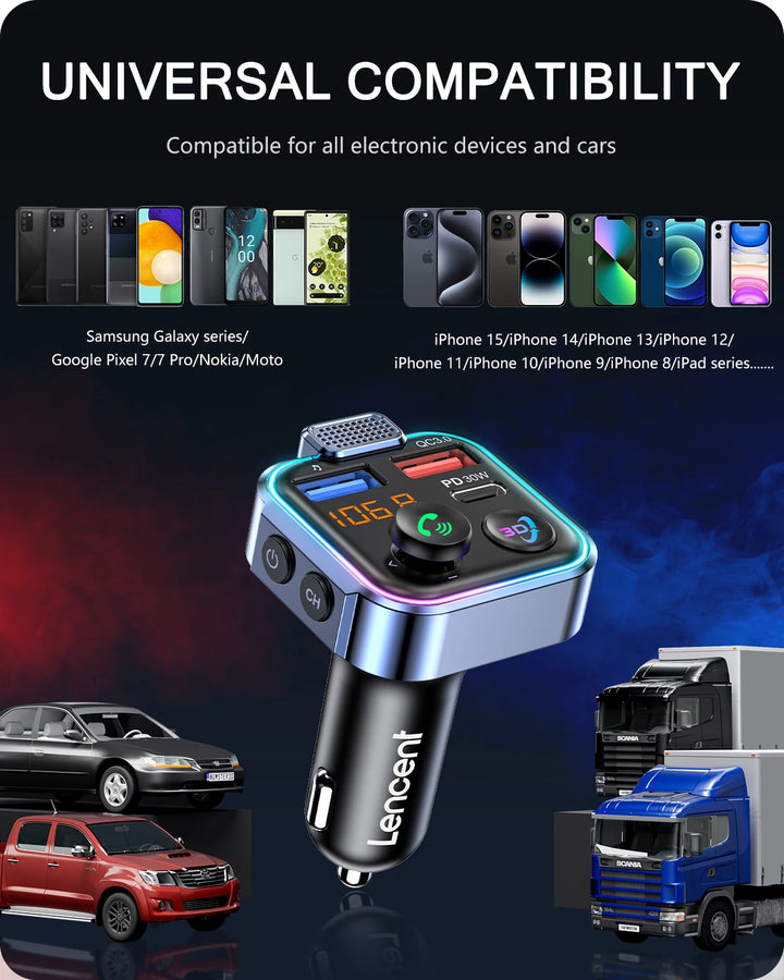 Bluetooth 5.3 FM Transmitter with 48W Fast Charging, Hands-Free Calling